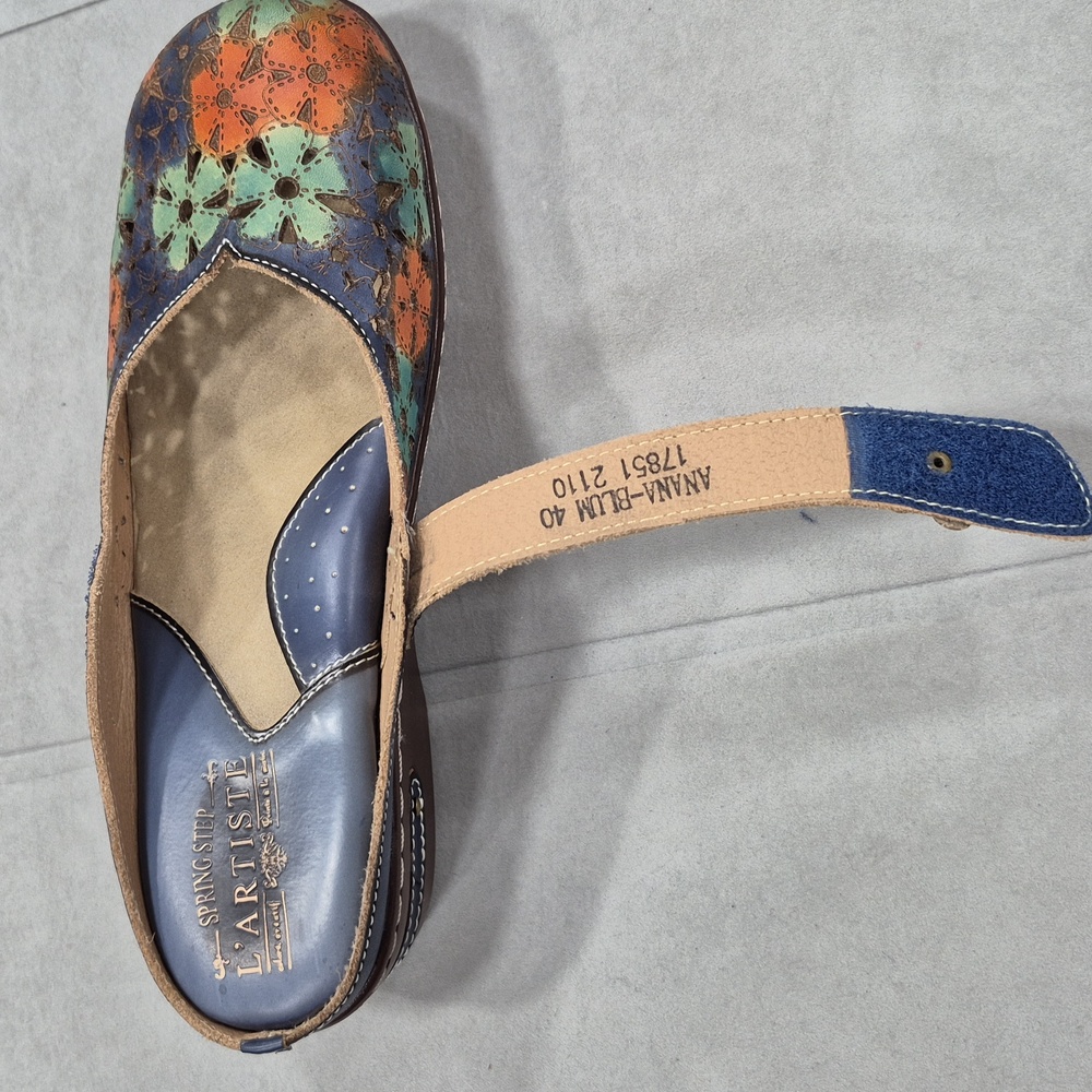 Spring Step Blue Multi Floral Leather Mary Jane Clog Mules - Picture 10 of 14